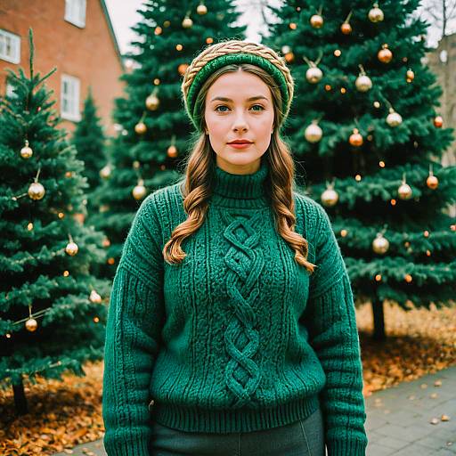 Woman in Green Cable Knit Sweater by Christmas Trees