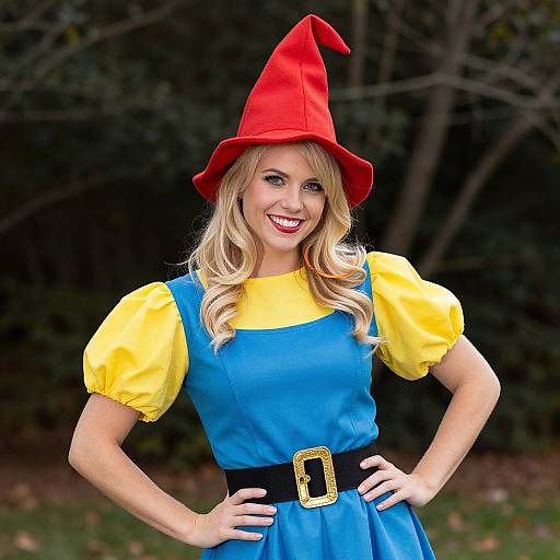 Woman in Bright Gnome Costume with Red Hat and Blue Dress