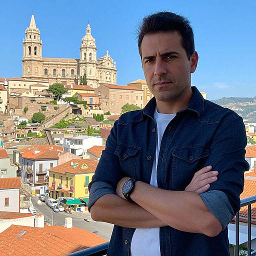 Confident Man on Balcony with Historic European Town and Cathedral View