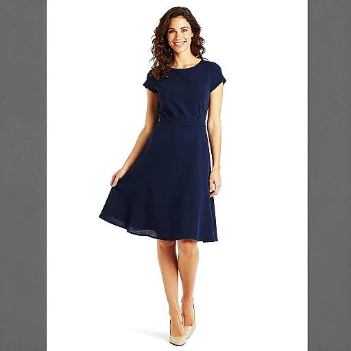 Elegant Navy Blue A-Line Dress Worn by Smiling Woman