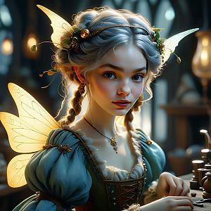 Young woman with golden wings in vintage outfit