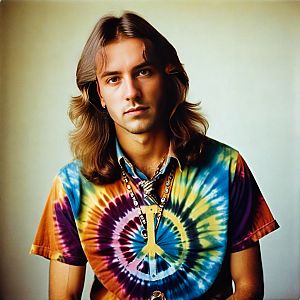 Young man in tie-dye shirt with peace symbol