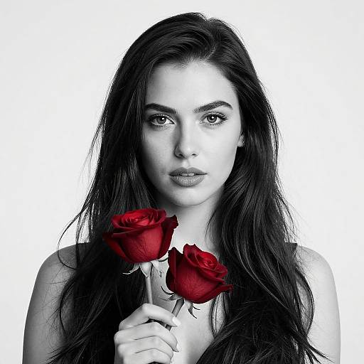 Black and White Portrait of Woman Holding Red Roses