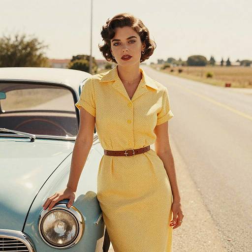 Retro Woman in Yellow Vintage Dress with Classic Car on Roadside