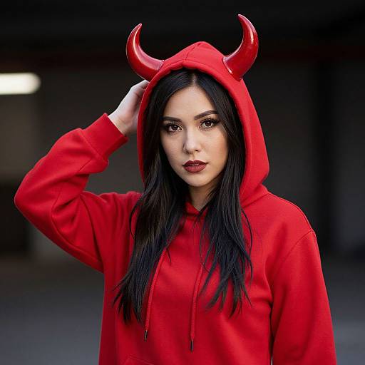 Young Woman in Red Hoodie with Devil Horns