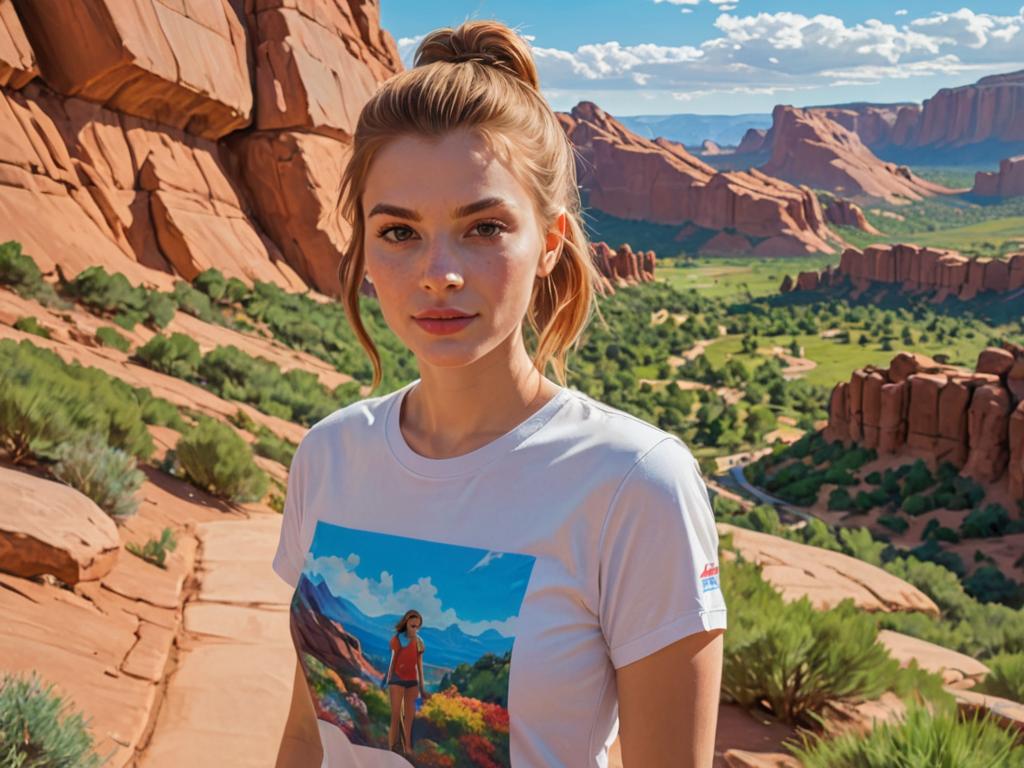 Happy woman with anime t-shirt in desert