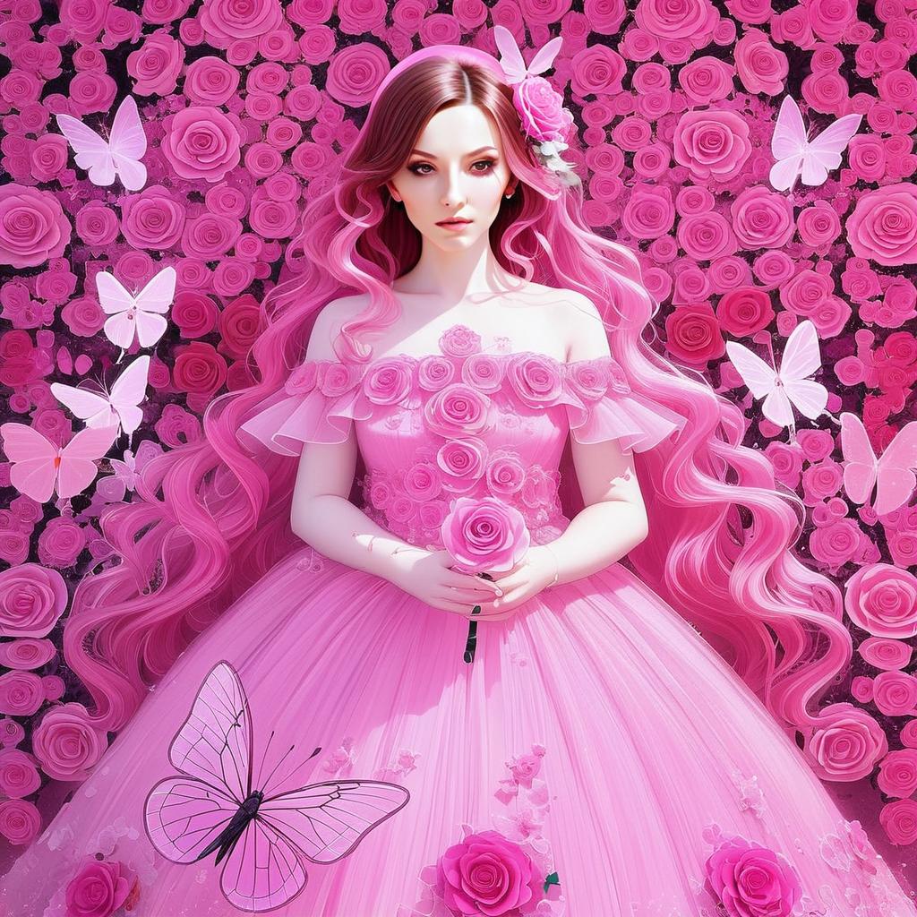 Elegant Woman in Pink Gown Surrounded by Roses and Butterflies Elegant Woman in Pink Gown Surrounded by Roses and Butterflies
