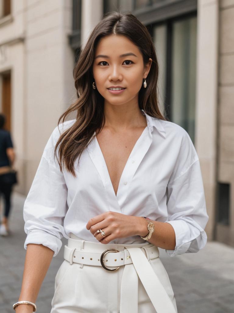 Stylish Woman with Chic White Belt and Button-Down Shirt