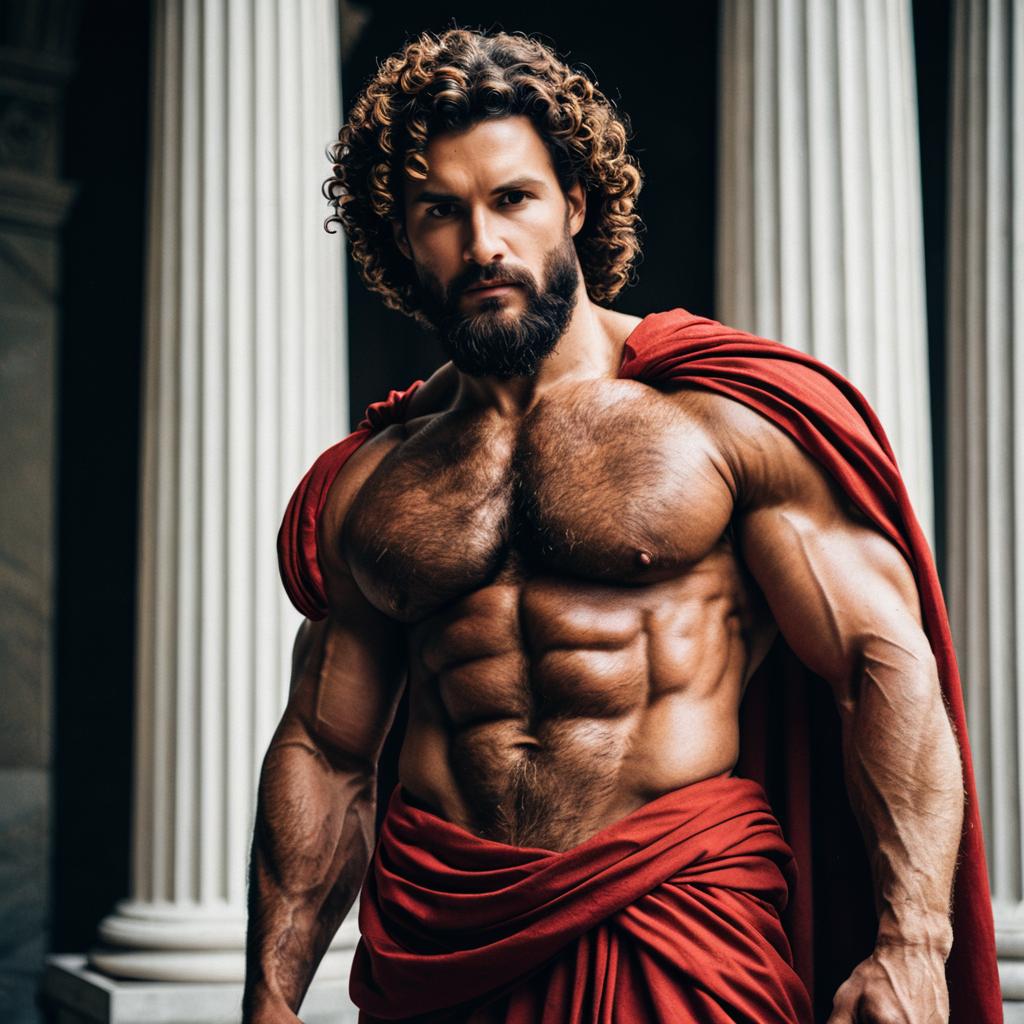 Muscular Man in Red Draped Cloth with Classical Columns Background
