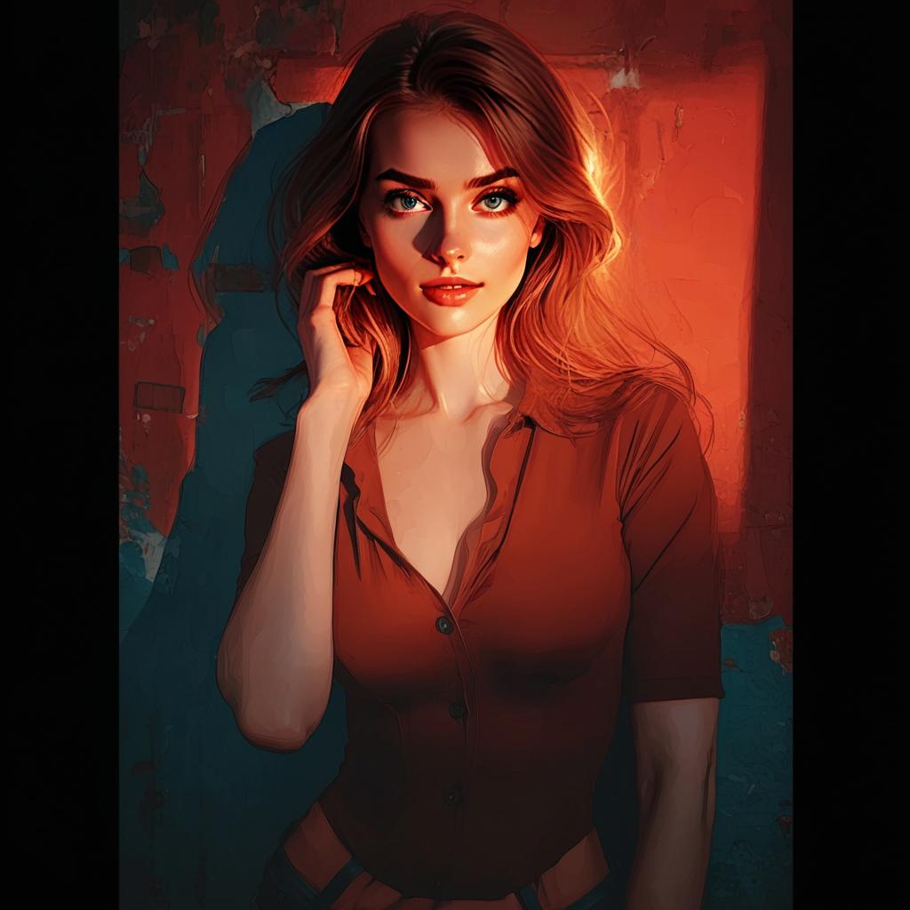 Digital Portrait of a Woman with Red Hair and Blue Eyes in Warm Lighting