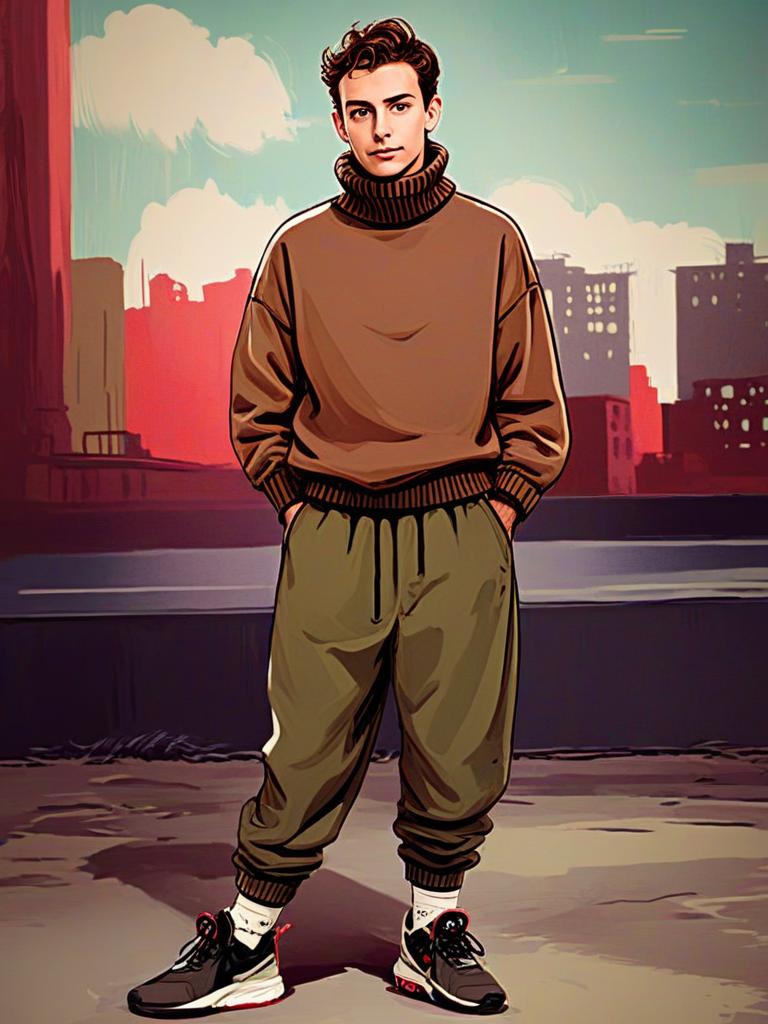 Young Man in Casual Streetwear Against Urban Skyline at Sunset