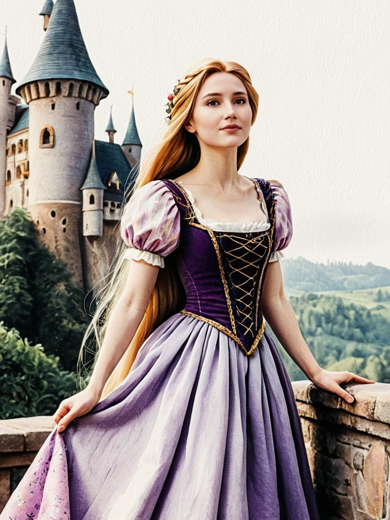 Woman in Purple Medieval Gown by Castle Balcony