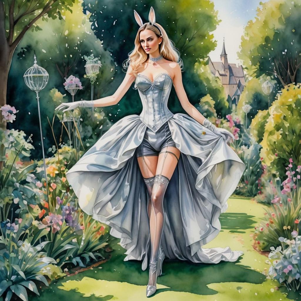 Elegant Woman in Silver Corset Gown Walking Through Lush Garden