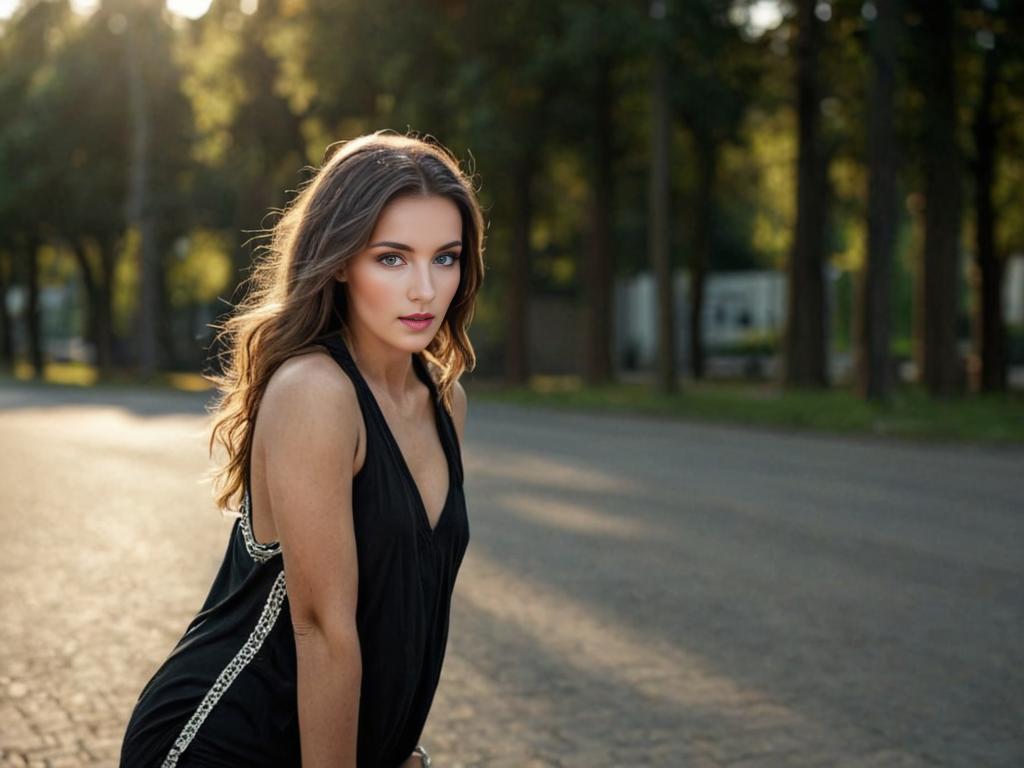 Young Woman in Black Dress Posing Outdoors