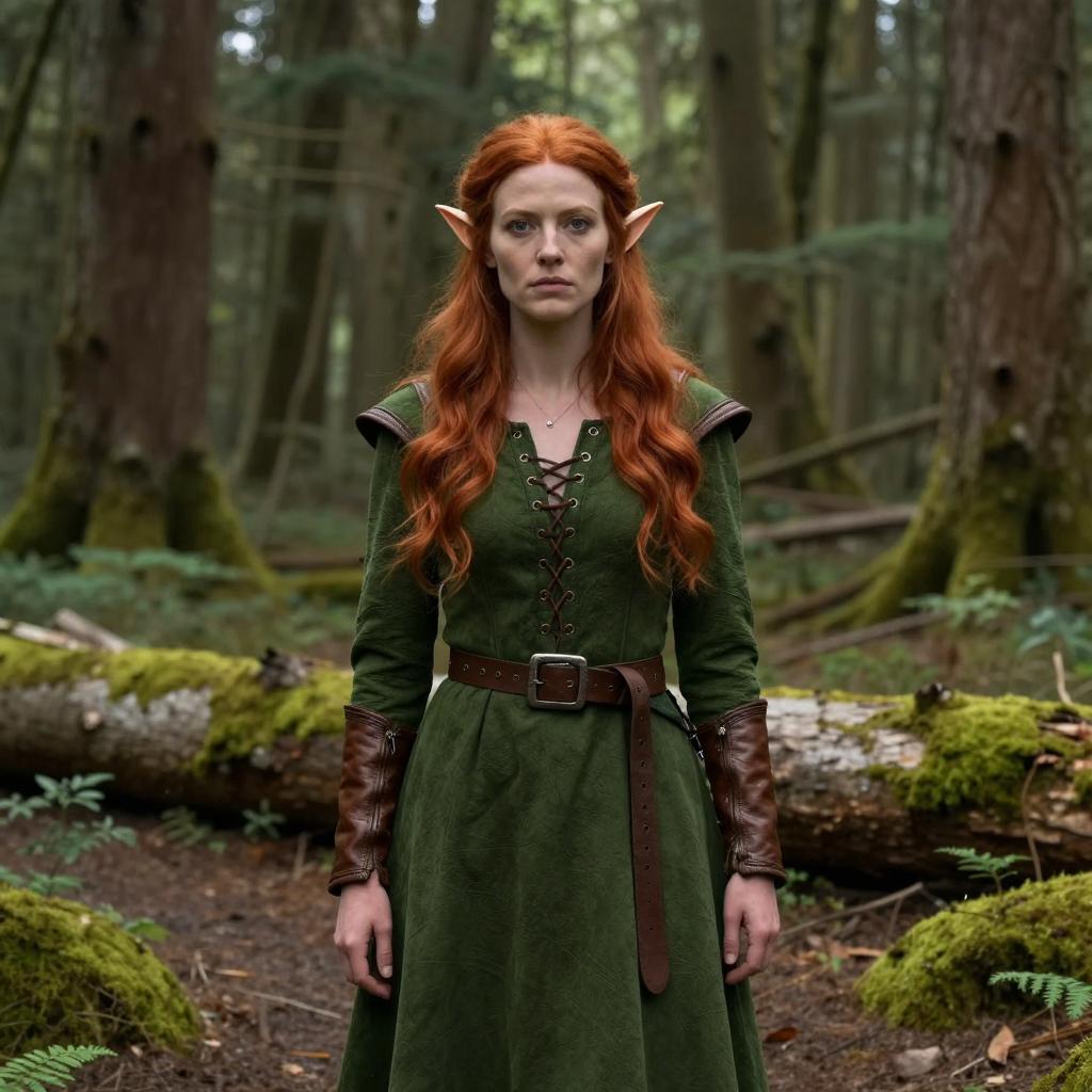 Female Elf in Medieval Green Dress Standing in Enchanted Forest