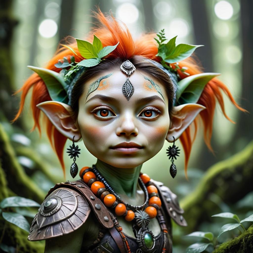 Fantasy Elf Woman Portrait with Orange Hair and Leather Armor in Forest