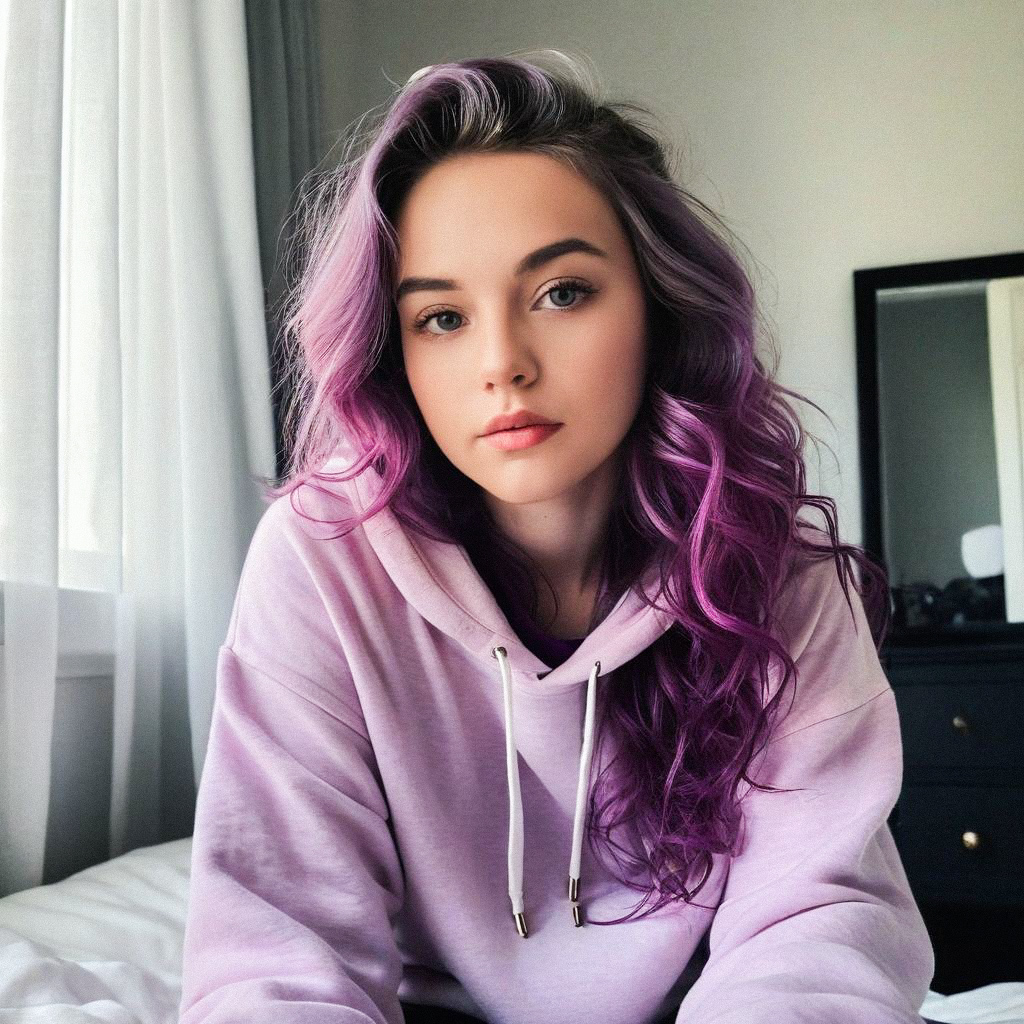 Young Woman with Purple Hair in Cozy Bed