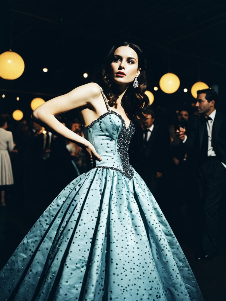 Woman in Elegant Sky-Blue Party Gown in Cinematic Realism Style at Evening Event