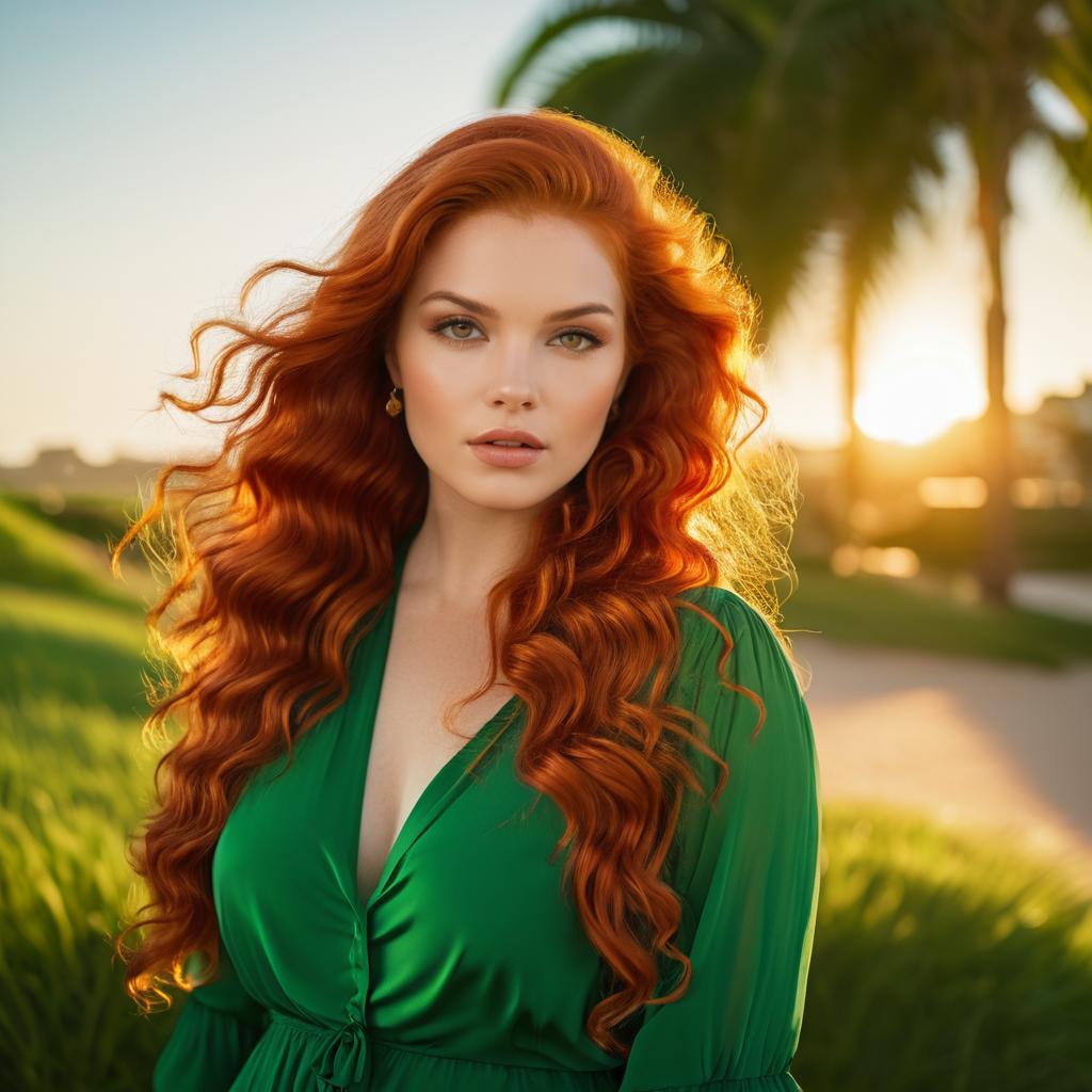 Woman with Red Hair in Green Dress at Sunset