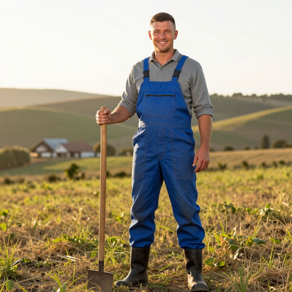 Smiling Farmer Standing in Field with Shovel in Blue Overalls