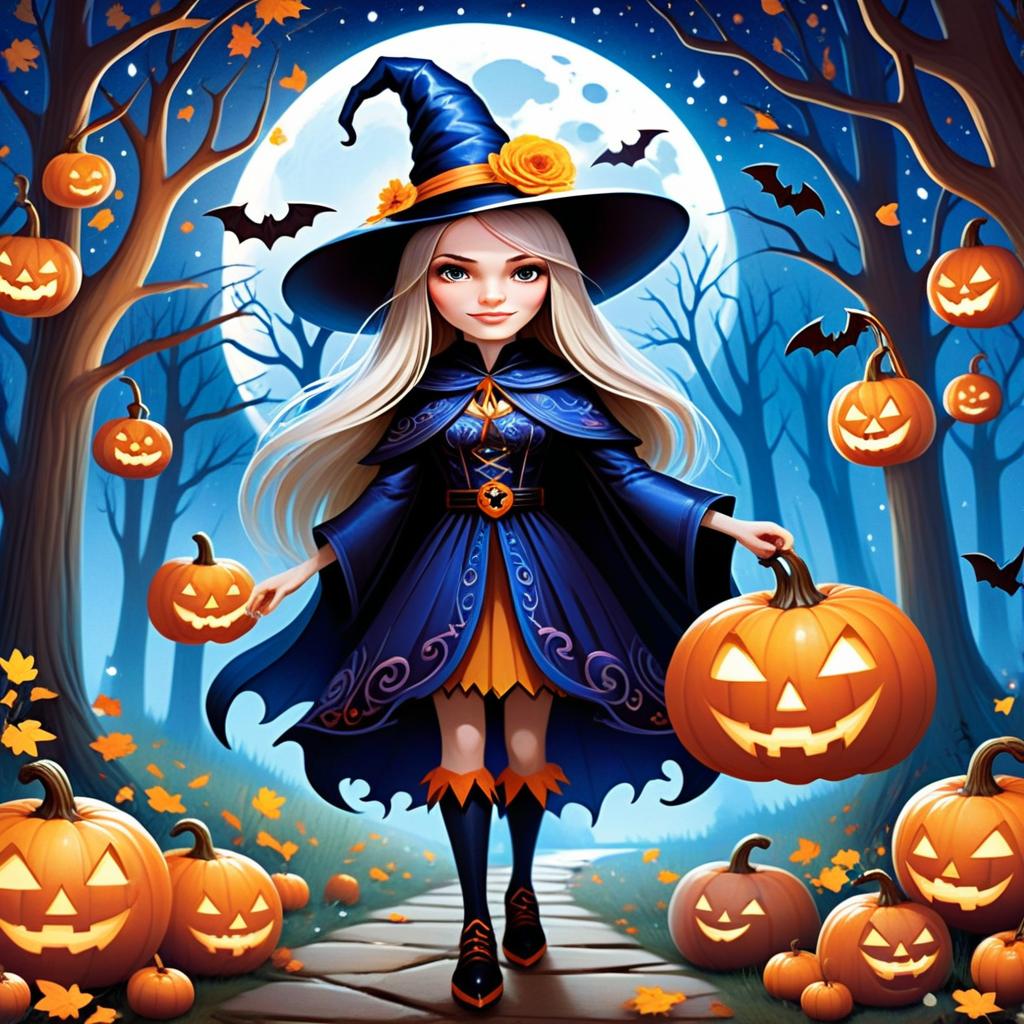 Witch in Spooky Forest with Pumpkin