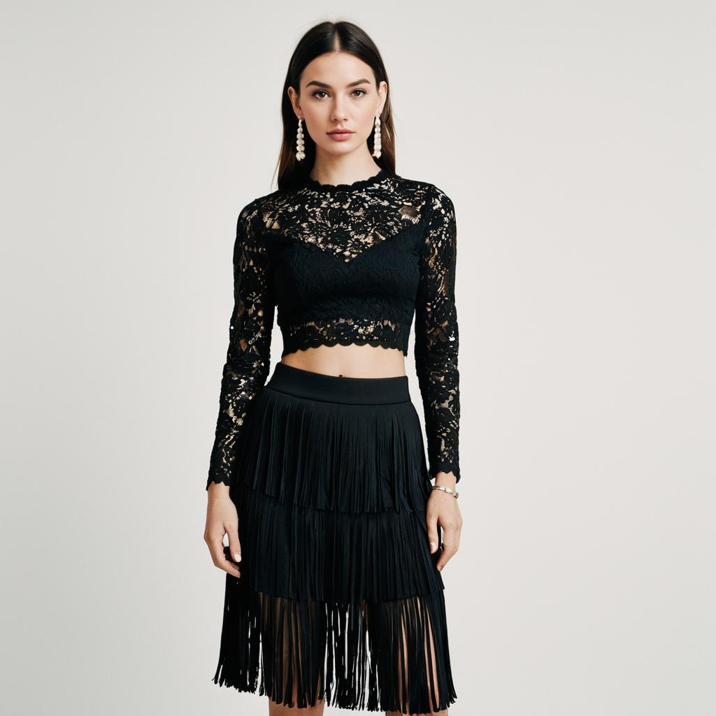 Fashionable Woman Wearing Black Lace Crop Top and Fringed Skirt