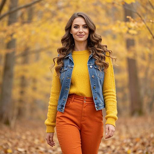Woman Walking in Autumn Forest Wearing Yellow Sweater and Denim Vest