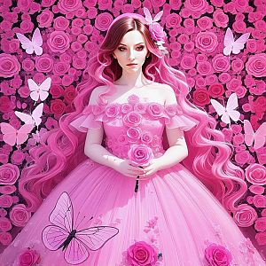 Elegant Woman in Pink Gown Surrounded by Roses and Butterflies