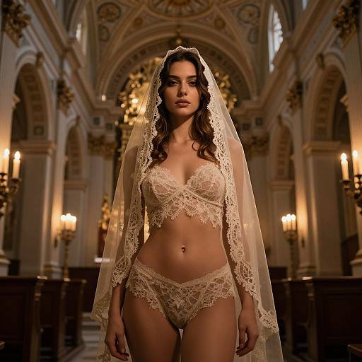 Elegant Bridal Lingerie and Sheer Veil in Ornate Church Interior