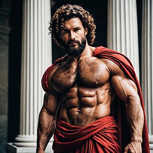 Muscular Man in Red Draped Cloth with Classical Columns Background