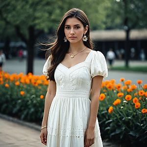 Young Woman in Elegant White Dress with Floral Accessories