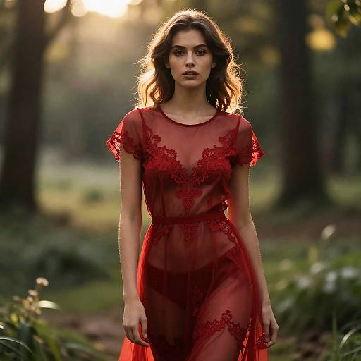 Young Woman in Sheer Red Lace Dress Outdoors Fashion Portrait