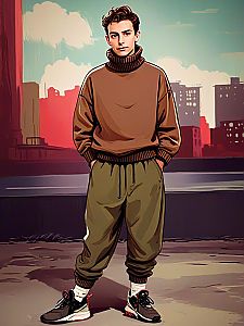 Young Man in Casual Streetwear Against Urban Skyline at Sunset