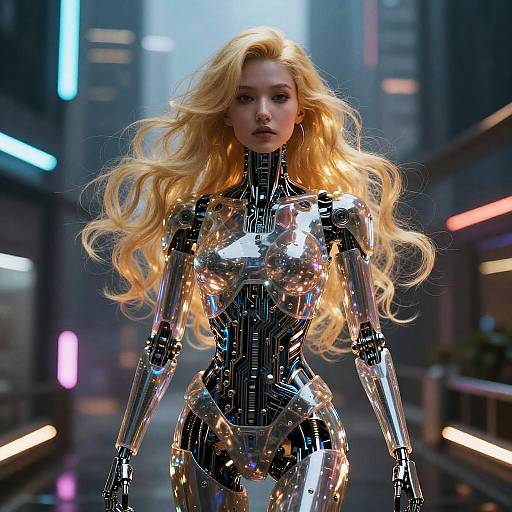Cyberpunk Female Robot with Blonde Hair in Neon City