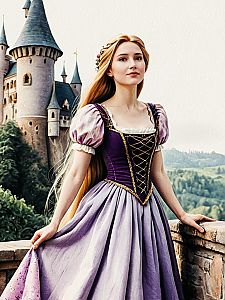 Woman in Purple Medieval Gown by Castle Balcony