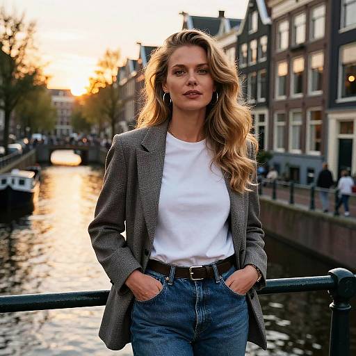 Stylish Woman by Canal at Sunset with Casual Chic Outfit