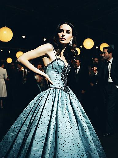 Woman in Elegant Sky-Blue Party Gown in Cinematic Realism Style at Evening Event