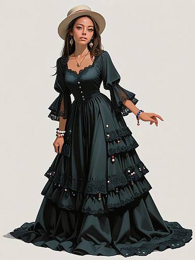 Bohemian Chic Woman in Elegant Black Lace Dress with Wide-Brim Hat