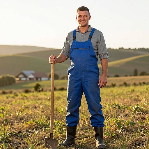 Smiling Farmer Standing in Field with Shovel in Blue Overalls