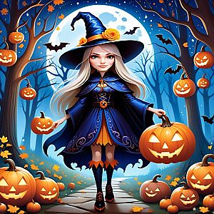 Witch in Spooky Forest with Pumpkin
