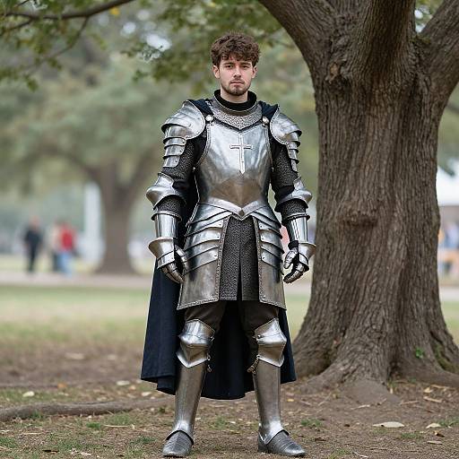 Medieval Knight in Full Armor Standing in Park