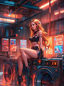 Cyberpunk Anime Woman Sitting on Washing Machine in Neon-Lit Laundromat