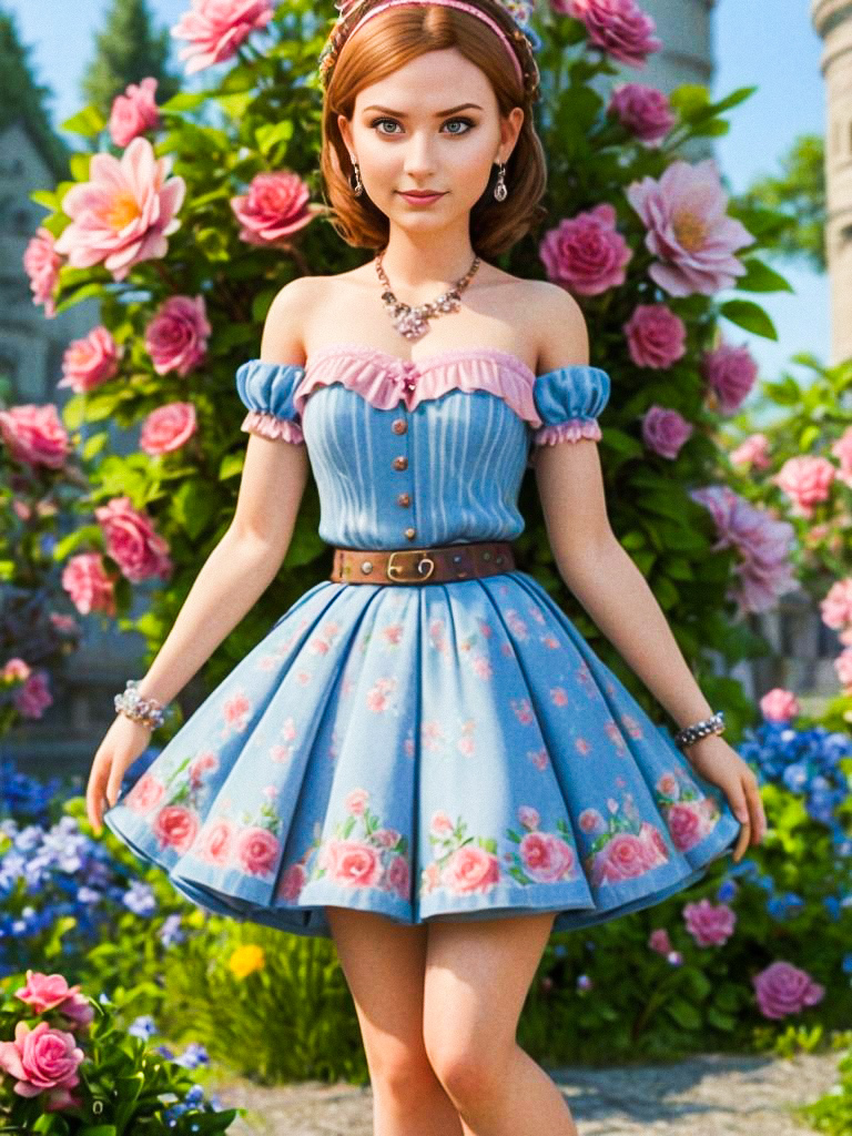 Young Woman in Blue Dress in Vibrant Garden with Roses