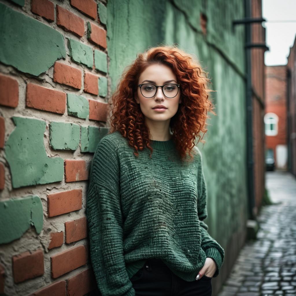 Young Woman with Curly Red Hair in Green Sweater Urban Alley Portrait