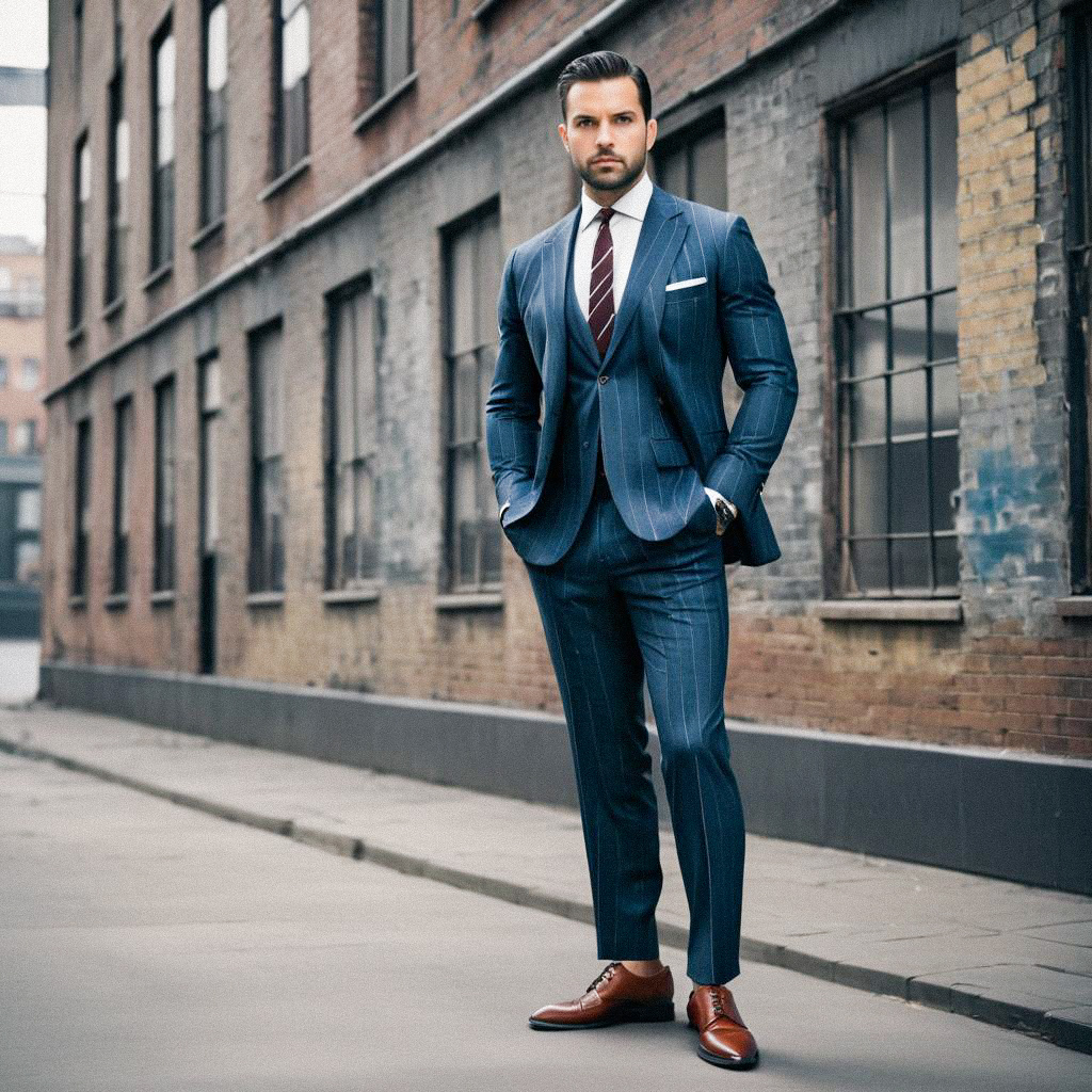 Confident Man in Pinstriped Suit on City Street