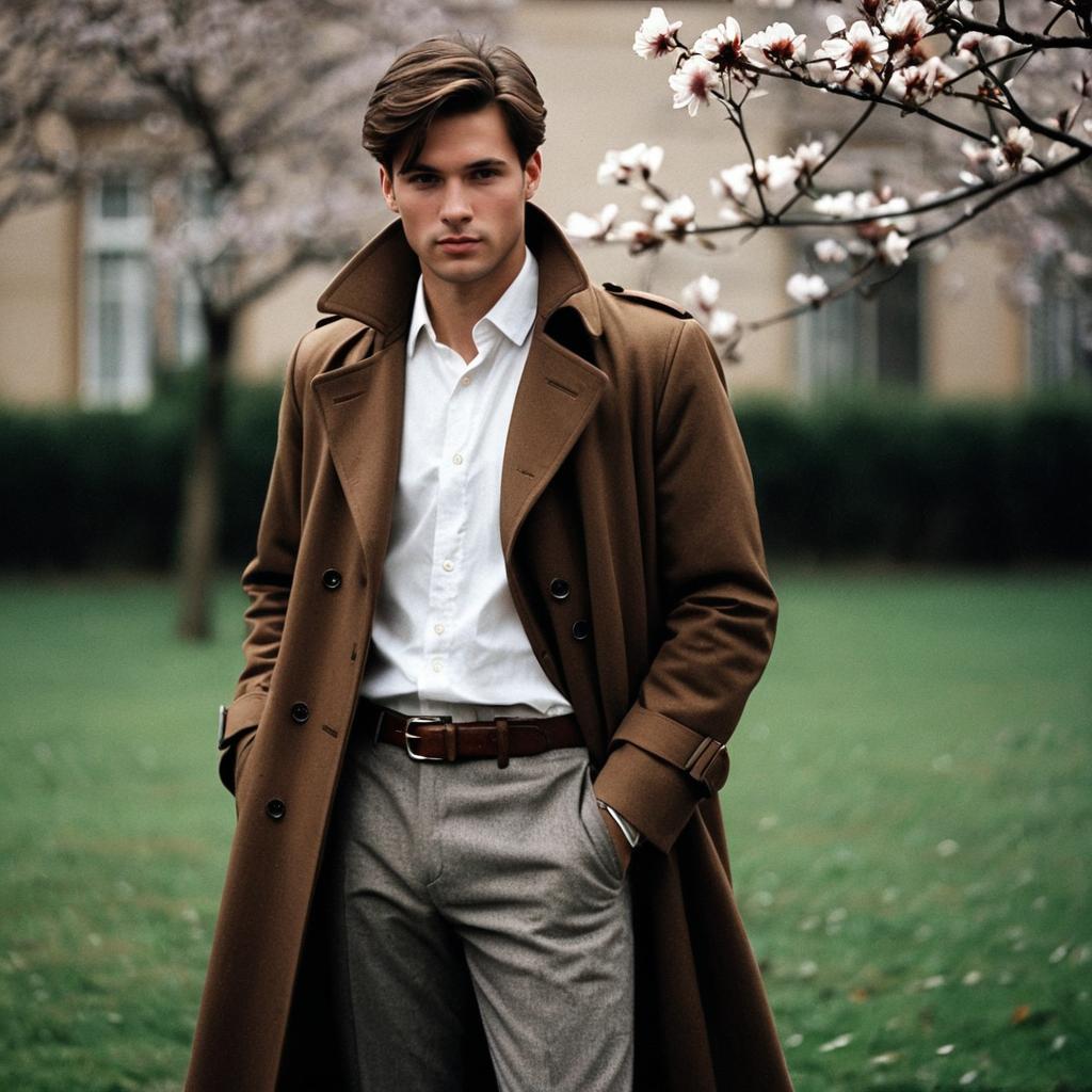 Young Man in Brown Trench Coat and Formal Attire Outdoors