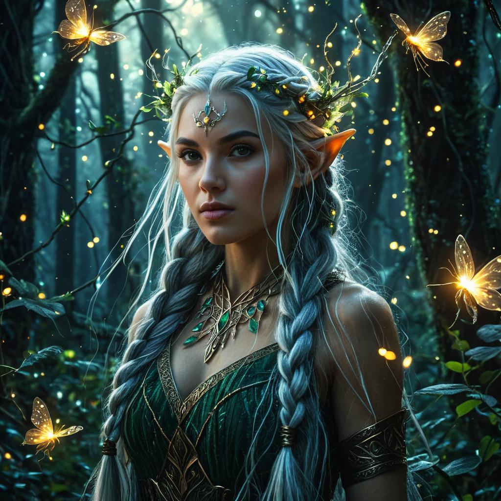 Enchanted Elf Woman in Mystical Forest with Glowing Butterflies