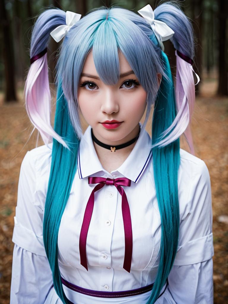 Cosplay Portrait of Woman as Hatsune Miku with Turquoise Hair in Forest