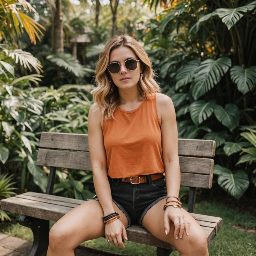 Stylish Woman in Orange Tank Top on Bench