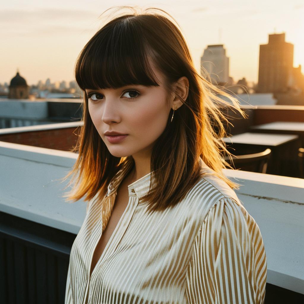 Young Woman on Rooftop at Sunset with City Skyline Background